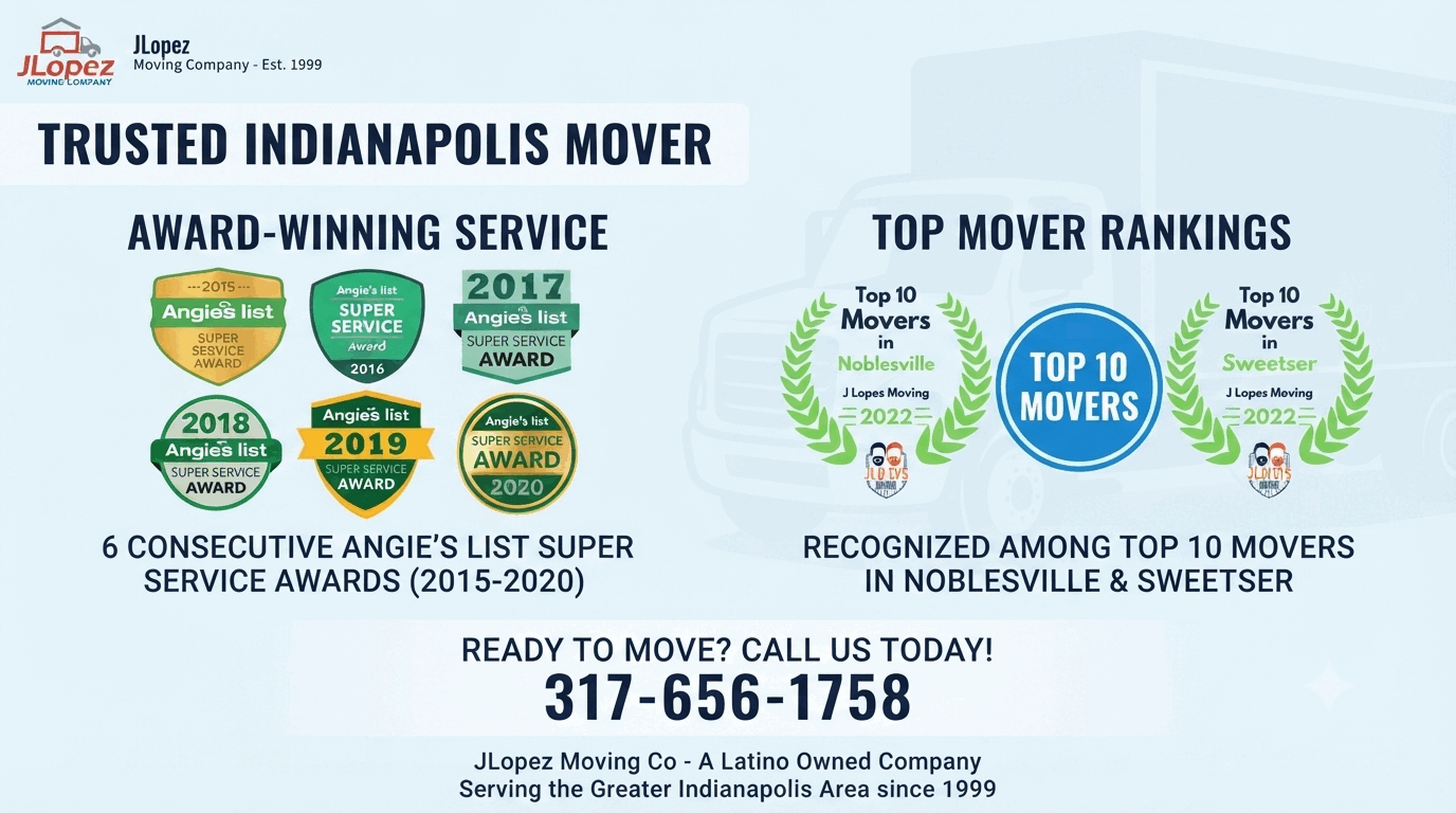 JLopez Moving Company: 6 consecutive Angie's List Super Service Awards 2015-2020, and Top 10 Movers rankings in Noblesville and Sweetser, Indiana